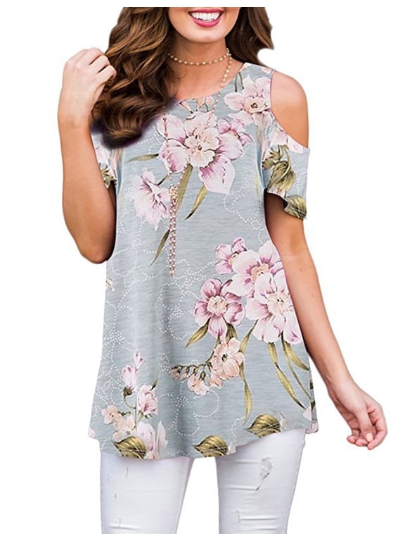 Womens Cold Shoulder Tops Floral Print Casual Summer Tops Short Sleeve Blouse Cogild