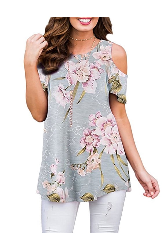 Womens Cold Shoulder Tops Floral Print Casual Summer Tops Short Sleeve Blouse Cogild