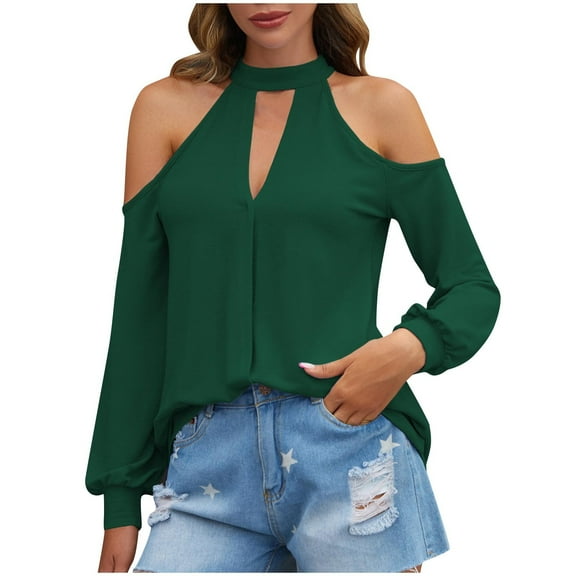 Womens Cold Shoulder Tops, Long Sleeve Shirts for Women Lightweight Casual Loose Fit Solid Color Notch Crewneck Dressy Blouses