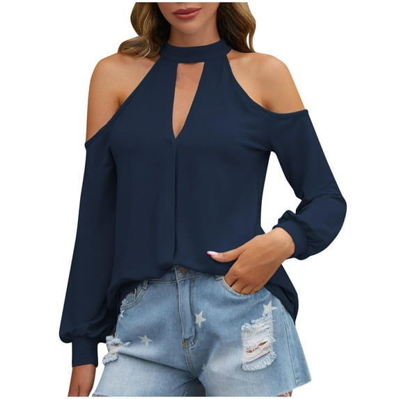 Womens Cold Shoulder Tops, Long Sleeve Shirts for Women Lightweight Casual Loose Fit Solid Color Notch Crewneck Dressy Blouses