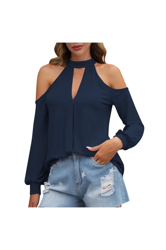 Womens Cold Shoulder Tops, Long Sleeve Shirts for Women Lightweight Casual Loose Fit Solid Color Notch Crewneck Dressy Blouses