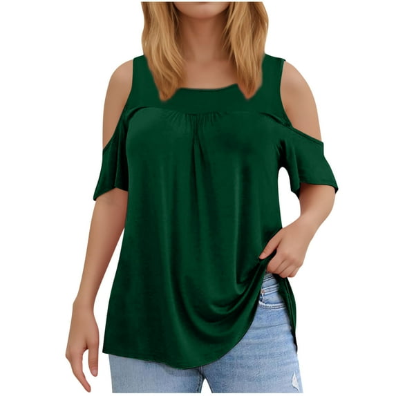 Womens Cold Shoulder Tops Plus Size Casual Solid Color Tunic Short Sleeve T-Shirt Cotton Summer Crew Neck Loose Blouses (Green 2XL)