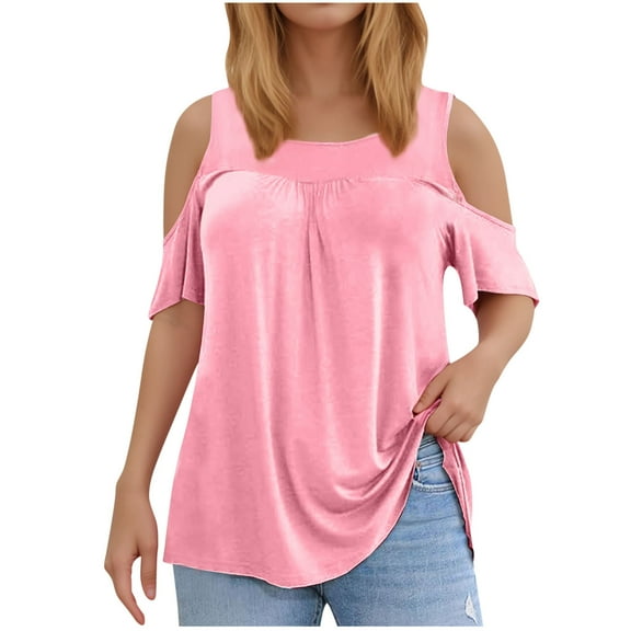 Womens Cold Shoulder Tops Plus Size Casual Solid Color Tunic Short Sleeve T-Shirt Cotton Summer Crew Neck Loose Blouses (Pink 4XL)