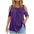 thumbnail image 1 of Womens Cold Shoulder Tops Plus Size Casual Solid Color Tunic Short Sleeve T-Shirt Cotton Summer Crew Neck Loose Blouses (Purple 4XL), 1 of 5