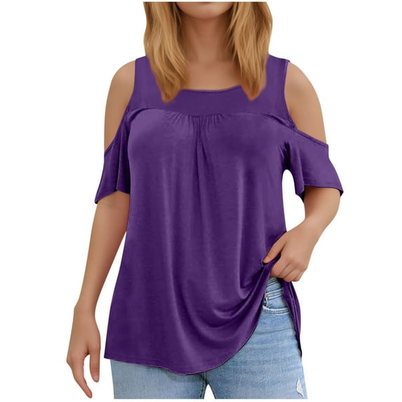 Womens Cold Shoulder Tops Plus Size Casual Solid Color Tunic Short Sleeve T-Shirt Cotton Summer Crew Neck Loose Blouses (Purple 4XL)
