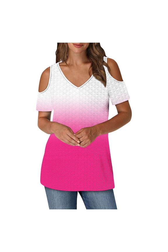 Womens Cold Shoulder Tunic Tops, Short Sleeve Shirts for Women Summer Sexy Casual Hollow Solid Color V Neck Dressy Blouses