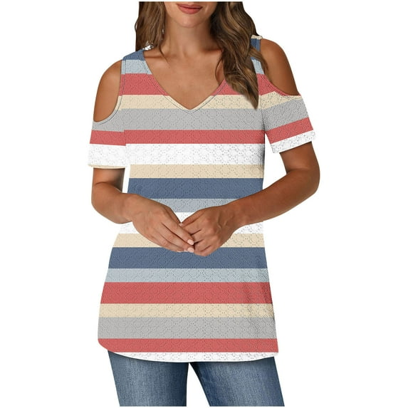Womens Cold Shoulder Tunic Tops with Prints Short Sleeve V Neck Graphic Tees Summer Fashion Tshirts (L, Multicolor)