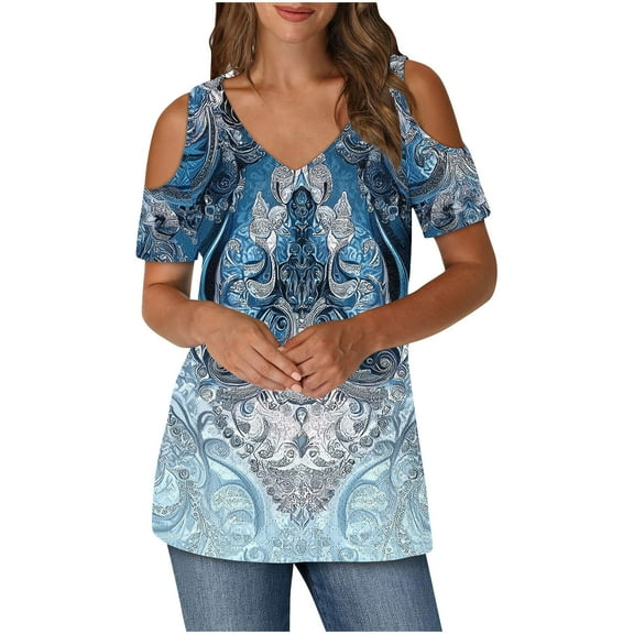 Womens Cold Shoulder Tunic Tops with Prints Short Sleeve V Neck Graphic Tees Summer Fashion Tshirts (L, Navy)