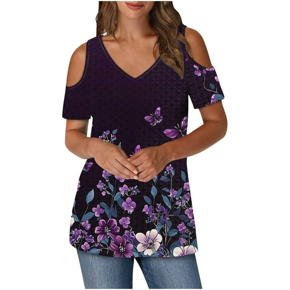 Womens Cold Shoulder Tunic Tops with Prints Short Sleeve V Neck Graphic Tees Summer Fashion Tshirts (XL, Purple)