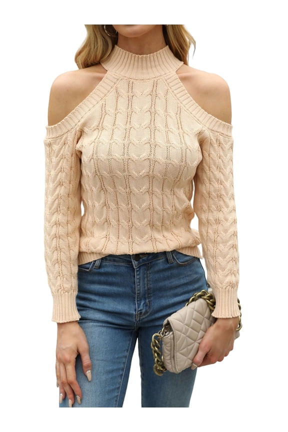 Womens Cold Shoulder Turtle-Neck Sweaters Fall Long Sleeve Soft Cable Knit Pullovers Sexy- Jumper Pullover M