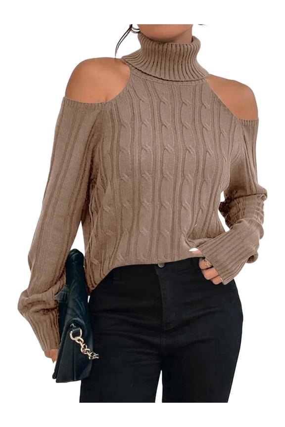 Womens Cold Shoulder Turtleneck Sweaters Fall Long Sleeve Soft Cable Knit Pullovers Sexy Jumper Tops