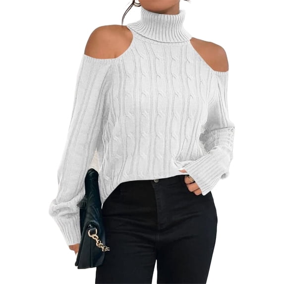 Womens Cold Shoulder Turtleneck Sweaters Fall Long Sleeve Soft Cable Knit Pullovers Sexy Jumper Tops