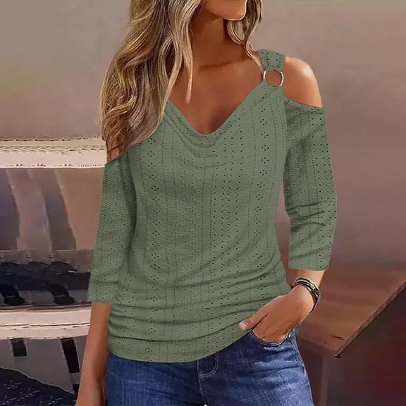 Womens Cold Shouler Tops V Neck Short Sleeve Eyelet Embroidery Summer Loose Blouse Shirts Army Green L