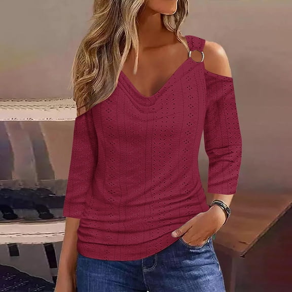 Womens Cold Shouler Tops V Neck Short Sleeve Eyelet Embroidery Summer Loose Blouse Shirts Wine XXL