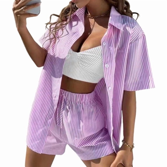 Womens Collar Casual Striped Short Sleeve Pants Set Two Piece Lounge Wear Summer Outfit Suit M