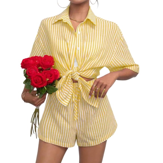 Womens Collar Casual Striped Short Sleeve Pants Set Two Piece Lounge Wear Summer Outfit Yellow Suit L