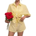 thumbnail image 1 of Womens Collar Casual Striped Short Sleeve Pants Set Two Piece Lounge Wear Summer Outfit Yellow Suit XS, 1 of 9