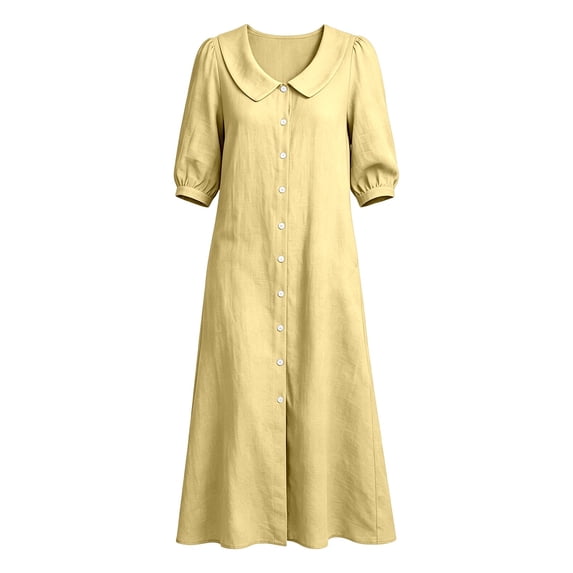 Womens Collar Puff Short Sleeve Midi Dress Front Button Down Loose Flowy Casual Shirt Dress