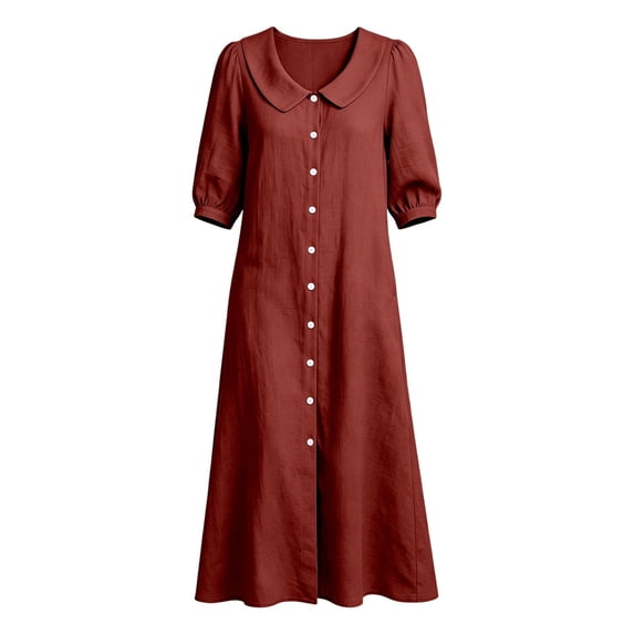Womens Collar Puff Short Sleeve Midi Dress Front Button Down Loose Flowy Casual Shirt Dress