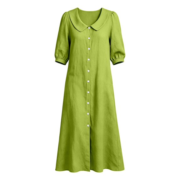 Womens Collar Puff Short Sleeve Midi Dress Front Button Down Loose Flowy Casual Shirt Dress