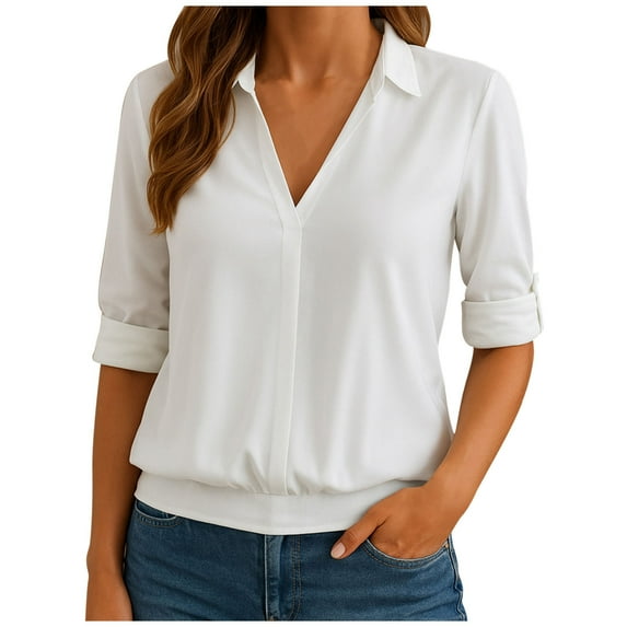 Womens Collared Blouses Dressy Casual Long Sleeve Shirts V Neck Fashion Fall Business Trendy Clothes, White M