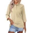 thumbnail image 1 of Womens Collared Button Down Casual Polo Shirts 3/4 Sleeve V Neck Basic Tops Golf Work Dressy Blouses Khaki L, 1 of 5