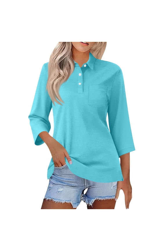 Womens Collared Button Down Casual Polo Shirts 3/4 Sleeve V Neck Basic Tops Golf Work Dressy Blouses Sky Blue S
