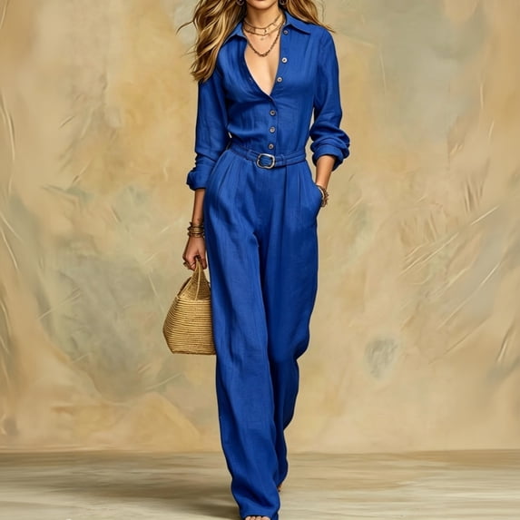 Womens Collared Button Front Wide Leg Belted Jumpsuit Office Casual Button Front Design Long Sleeve Jumpsuit, L