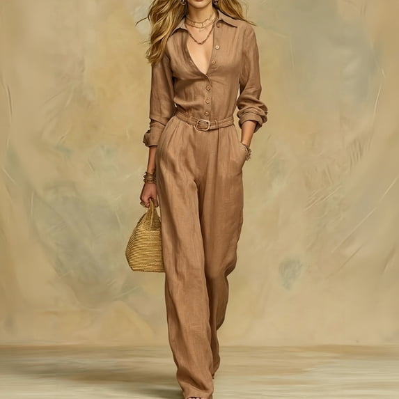 Womens Collared Button Front Wide Leg Belted Jumpsuit Office Casual Button Front Design Long Sleeve Jumpsuit, XL