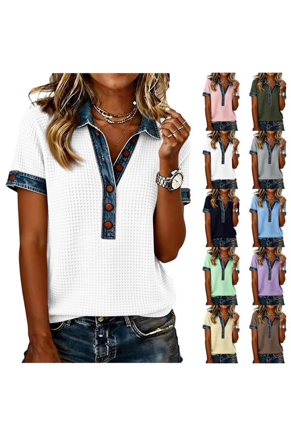 Womens Collared Polo Shirt Half Button Short Sleeve Waffle Knit Tops Denim Patchwork Comfort Fit Work Wear Blouses,S,#03 White