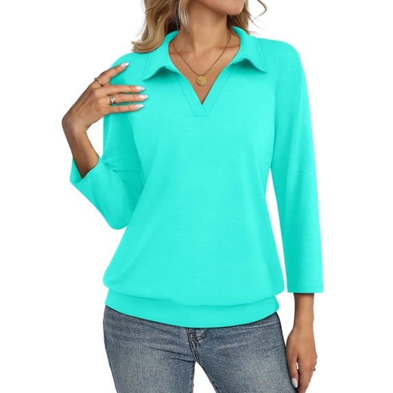 Womens Collared V-Neck 3/4 Sleeve Loose Fit Polo Shirts Summer Business Casual Tops
