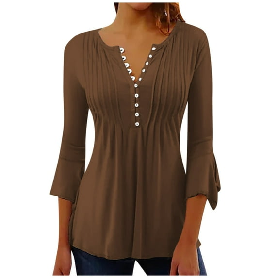 Womens Collared V Neck 3/4 Sleeve Shirts Solid Color Casual Tops Loose Blouses (S-3XL)