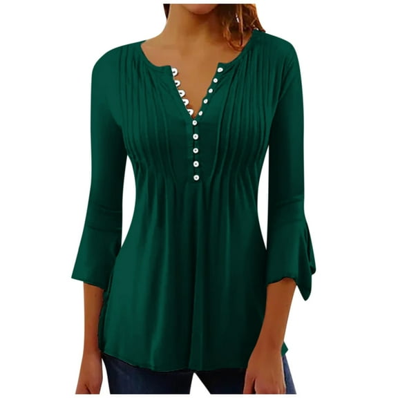 Womens Collared V Neck 3/4 Sleeve Shirts Solid Color Casual Tops Loose Blouses (S-3XL)