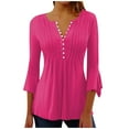 thumbnail image 1 of Womens Collared V Neck 3/4 Sleeve Shirts Solid Color Casual Tops Loose Blouses (S-3XL), 1 of 4