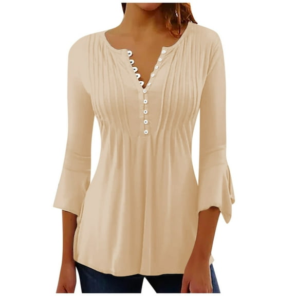 Womens Collared V Neck 3/4 Sleeve Shirts Solid Color Casual Tops Loose Blouses (S-3XL)