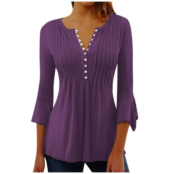 Womens Collared V Neck 3/4 Sleeve Shirts Solid Color Casual Tops Loose Blouses (S-3XL)