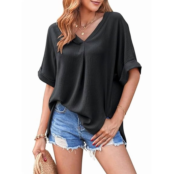 Womens Collared V Neck Short Sleeve Shirts Business Casual Tops Loose Work Blouses Black XXL