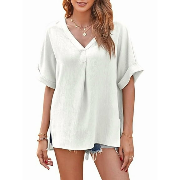 Womens Collared V Neck Short Sleeve Shirts Business Casual Tops Loose Work Blouses White M