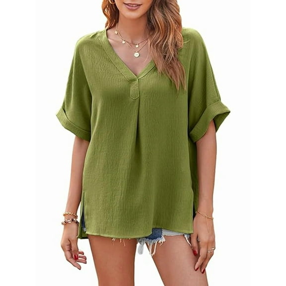 Womens Collared V Neck Short Sleeve Shirts Business Casual Tops Loose Work Blouses Yellow-Green M