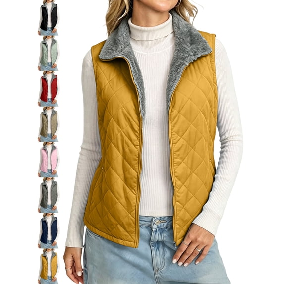Womens Collared Vest Quilted Zip Front Fleece Lined Collar Regular Fit Fall Winter Vest