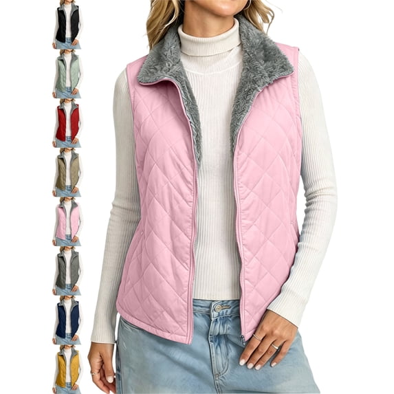 Womens Collared Vest Quilted Zip Front Fleece Lined Collar Regular Fit Fall Winter Vest