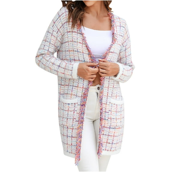 Womens Collarless Cardigan Plaid Tweed Elegant Open Front Fringe Trim Casual Business Glitter Jacket