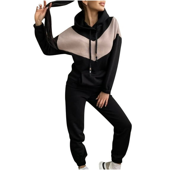 Womens Color Block 2 Piece Tracksuits Sets Long Sleeve Hooded Sweatshirts High Waist Jogger Pants Outfits Sweatsuits