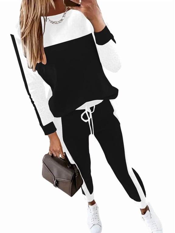 Womens Color Block 2 Piece Travel Lounge Sets Long Sleeve Jogger Tracksuits Drawstring Waist Soft Comfortable 2026 Fall Fashion Black S