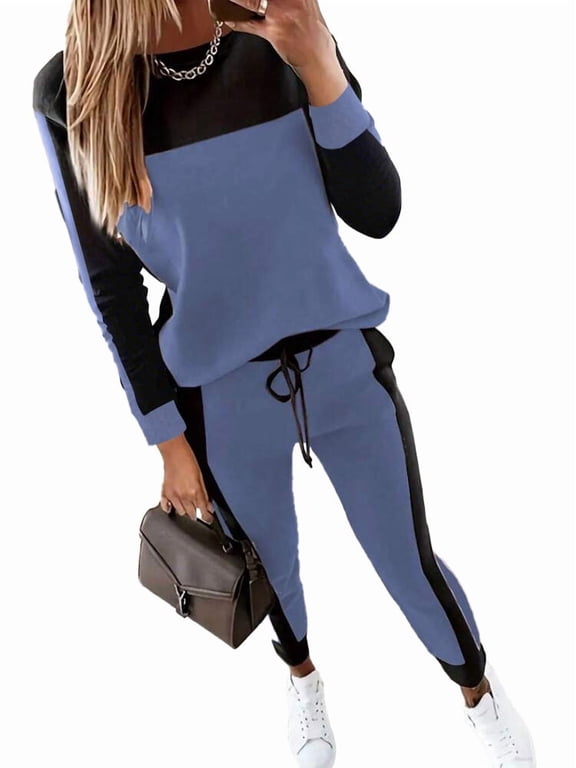 Womens Color Block 2 Piece Travel Lounge Sets Long Sleeve Jogger Tracksuits Drawstring Waist Soft Comfortable 2026 Fall Fashion Blue 2XL