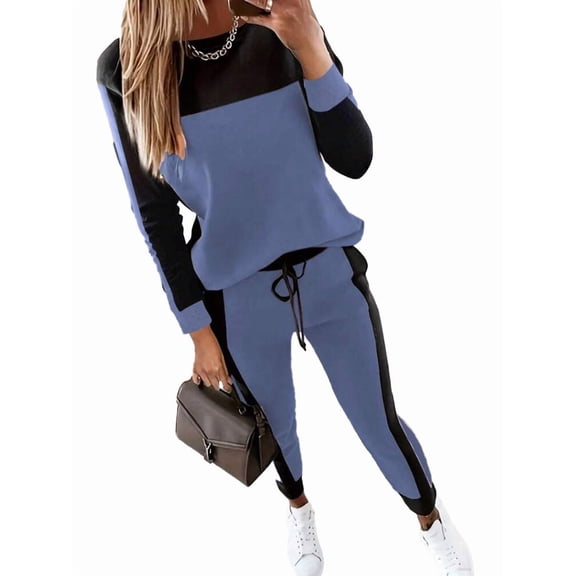 Womens Color Block 2 Piece Travel Lounge Sets Long Sleeve Jogger Tracksuits Drawstring Waist Soft Comfortable 2026 Fall Fashion Blue L
