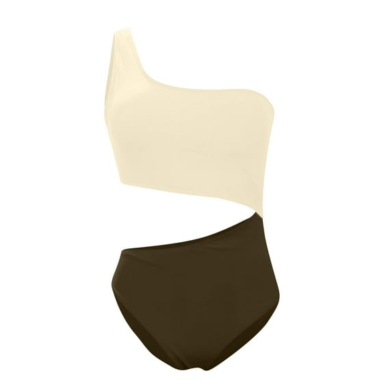 Womens Color Block Cutout Swimsuits Beach One Shoulder Bathing Suit Fashion One Piece Swimwear for Women Beige, M
