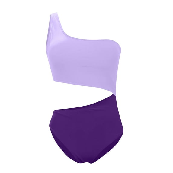 Womens Color Block Cutout Swimsuits Beach One Shoulder Bathing Suit Fashion One Piece Swimwear for Women Dark Purple, L