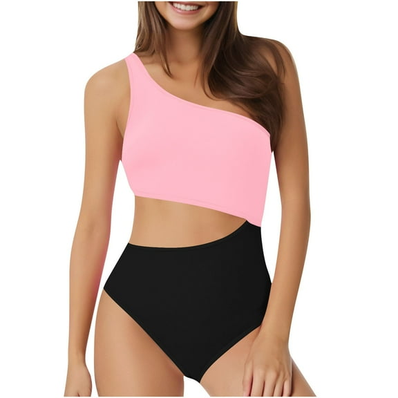 Womens Color Block Cutout Swimsuits Beach One Shoulder Bathing Suit Fashion One Piece Swimwear for Women Light Pink, XXL