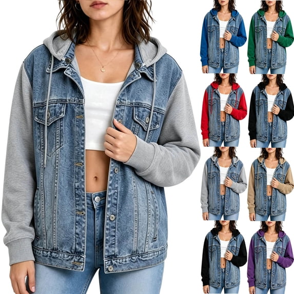 Womens Color Block Denim Jacket Detachable Hood Button Up Casual Trendy Loose Fit Jean Jacket